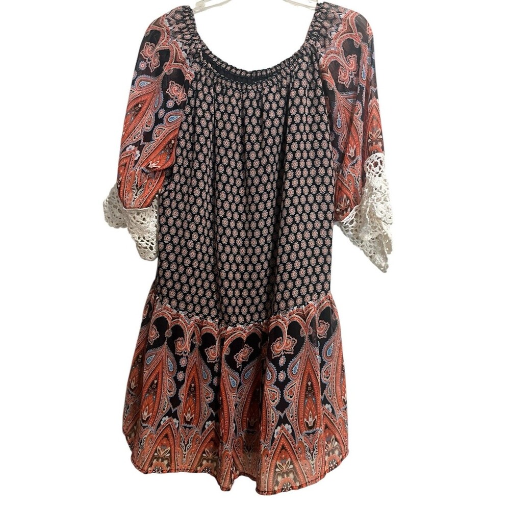 Umgee Boho Paisley Crochet Bell Sleeve Off Shoulder Tunic Mini Dress Orange M - Picture 2 of 4